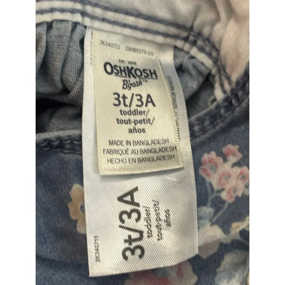 OshKosh B'Gosh Denim Overalls Dress Coverall Jumper Girls Size 3T Roses Flowers